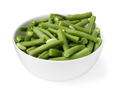 Pieces of fresh green beans in bowl isolated on white