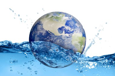 Save water concept. Earth falling into water against white background