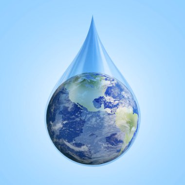 Save water concept. Earth inside drop against pale blue background