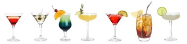 Variety of cocktails on glasses isolated on white, set