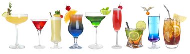 Variety of cocktails on glasses isolated on white, set