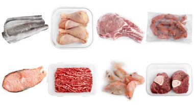 Different frozen food products isolated on white, set. Top view