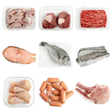 Different frozen food products isolated on white, set. Top view