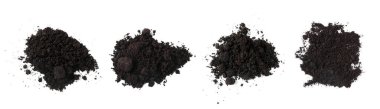 Piles of fresh soil isolated on white, set. Top view