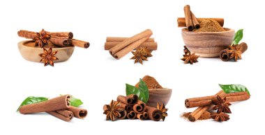 Tarçın çubukları ve toz beyaz üzerine izole edilmiş, set