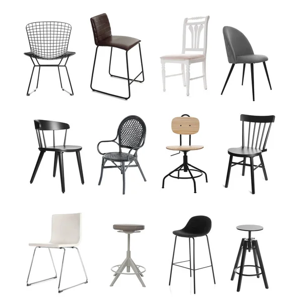 Beyazlara ayrılmış farklı sandalyeler, set. Mobilyalar şık.