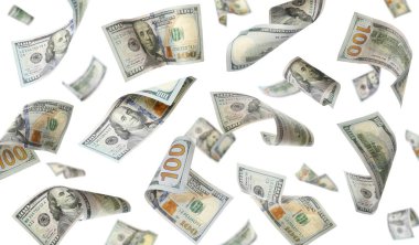 Money (dollar bills) flying against white background