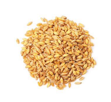 Pile of wheat grains isolated on white, top view