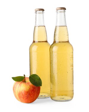 Delicious cider in glass bottles and apple isolated on white