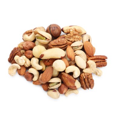 Farklı fındıkların karışımı beyaz, üst görünüm