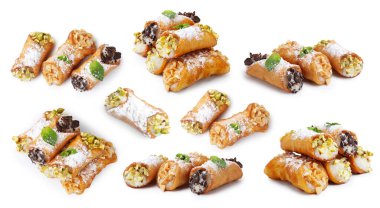 Delicious cannoli with ricotta cheese isolated on white, set