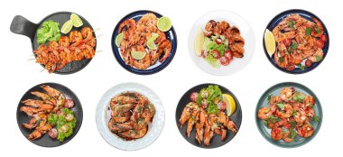 Set of grilled shrimps isolated on white, top view. Delicious sea food