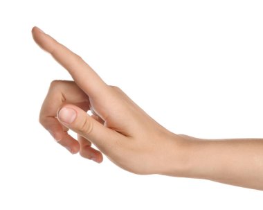 Beyaz arkaplanda bir şeye dokunan kadın, yakın plan.