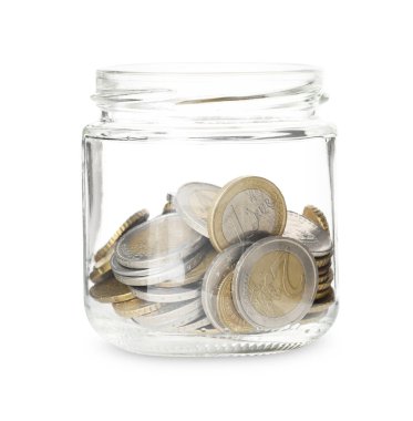 Para dolu cam kavanoz beyaza izole edilmiş