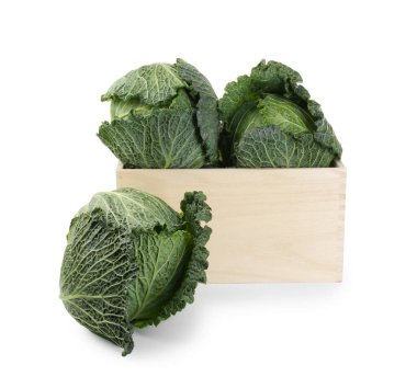 Beyaz sandıkta izole edilmiş taze Savoy lahanaları.