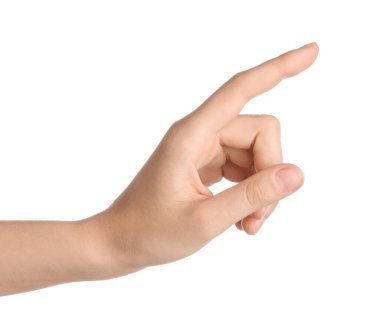 Beyaz arkaplanda bir şeye dokunan kadın, yakın plan.