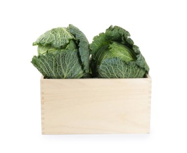 Beyaz sandıkta izole edilmiş taze Savoy lahanaları.