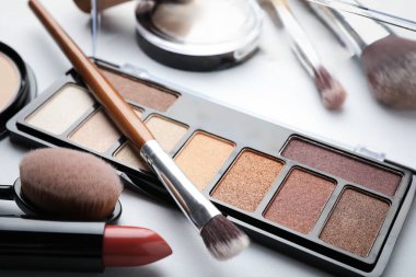 Eyeshadow palette, other cosmetic products and brushes on white background, closeup