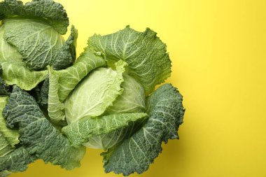 Fresh Savoy cabbages on yellow background, flat lay. Space for text