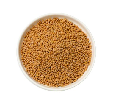 Dry mustard seeds in bowl isolated on white, top view