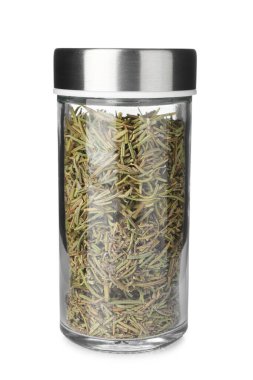 Baharat kavanozunda kurutulmuş biberiye. Beyaza izole edilmiş.