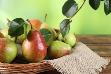 Fresh ripe pears with green leaves in wicker basket on table, closeup