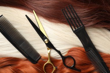 Farklı güzel saç telleri, taraklar ve kuaför makası, üst manzara.