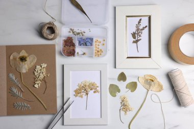 Kuru çiçekli düz kompozisyon ve beyaz mermer masa üzerinde resim çerçeveleri