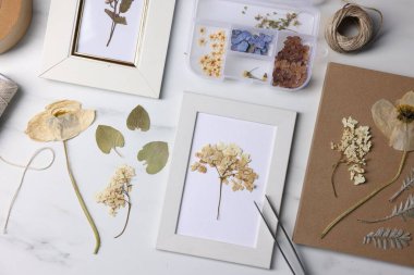 Kuru çiçekli düz kompozisyon ve beyaz mermer masa üzerinde resim çerçeveleri