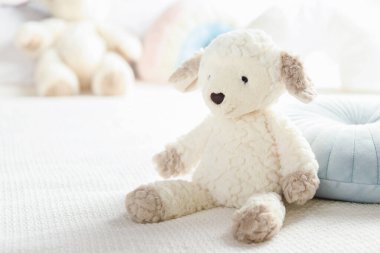 Yatakta sevimli, yumuşak bir koyun, yakın plan. Metin için boşluk