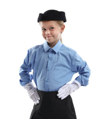 Meslek seçimi. Beyaz arka planda hostes gibi davranan küçük kız.