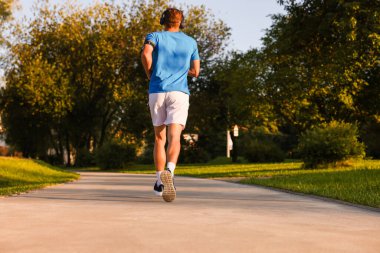 Güneşli bir günde parkta koşan adam, alçak açılı görüş.