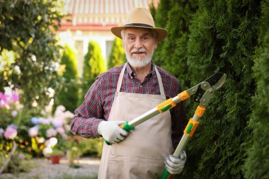 Bahçede çim biçme makinesi olan şapka ve önlüklü yaşlı bir adam çalışıyor.