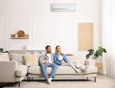 Klimalı bir çift kanepede dinleniyor.