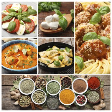 Seasoned taste. Collection of dishes with added herbs and set of spices