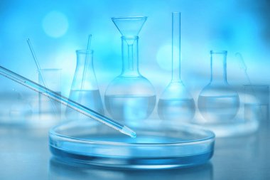 Laboratuvar analizi. Petri kabına reaktör damlatılıyor, cam eşyalar iki kez kullanılıyor.