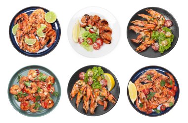 Set of grilled shrimps isolated on white, top view. Delicious sea food