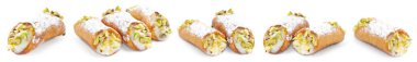 Delicious cannoli with ricotta cheese, pistachios and powdered sugar isolated on white, set
