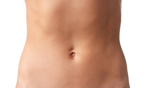 Женщина с плоским животом на белом фоне, крупным планом
