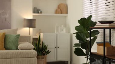 Lambası, çiçekleri ve kanepesi olan şık bir oturma odası. Kamera sola hareket ediyor