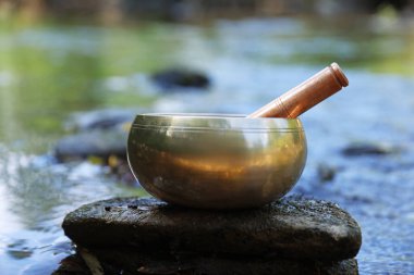 Nehir kenarındaki taşın üzerinde tokmakla Tibet şarkı kasesi, yakın çekim