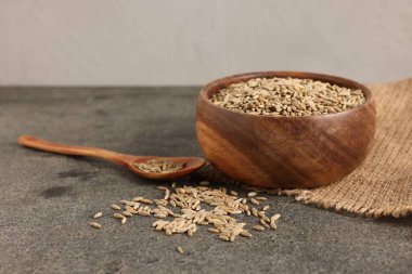 Çavdar taneleri kasede ve kaşık gri masada, yakın plan.