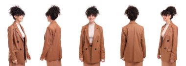 Beyaz arka planda güzel bir kadın. Farklı taraflardan portre kolajı