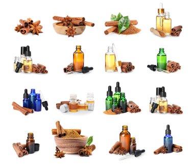 Tarçın yağı, sopa ve toz beyaz üzerine izole edilmiş, set