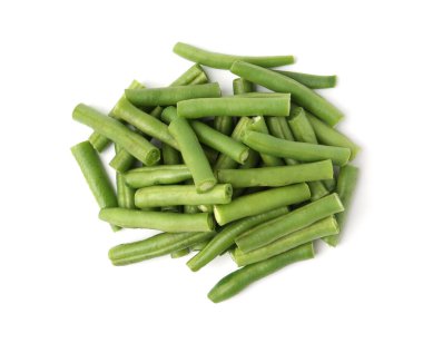 Pieces of fresh green beans isolated on white, top view