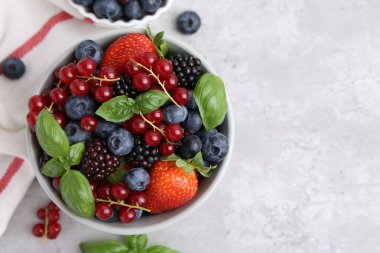 Farklı olgun böğürtlen ve fesleğen yaprakları açık gri desenli masada, düz yerde. Metin için boşluk