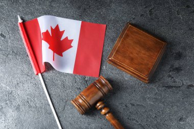 Kanada hakimi tokmağı ve bayrağı gri masada, üst tarafta.