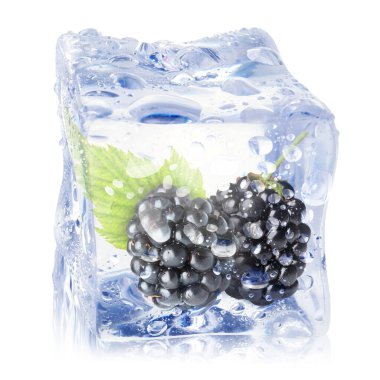 Buz küpündeki taze böğürtlenler beyaza izole edilmiş.