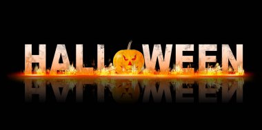 Cadılar Bayramı posteri, pankart tasarımı. O yerine Jack-O-Lantern ve siyah arka planda alevli harfler.