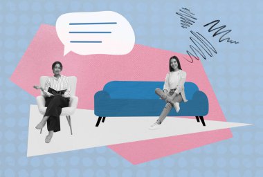 Psikolog ve müşteri, yaratıcı kolaj. Terapistin üstünde konuşma balonu ve kadının üstünde karalama.